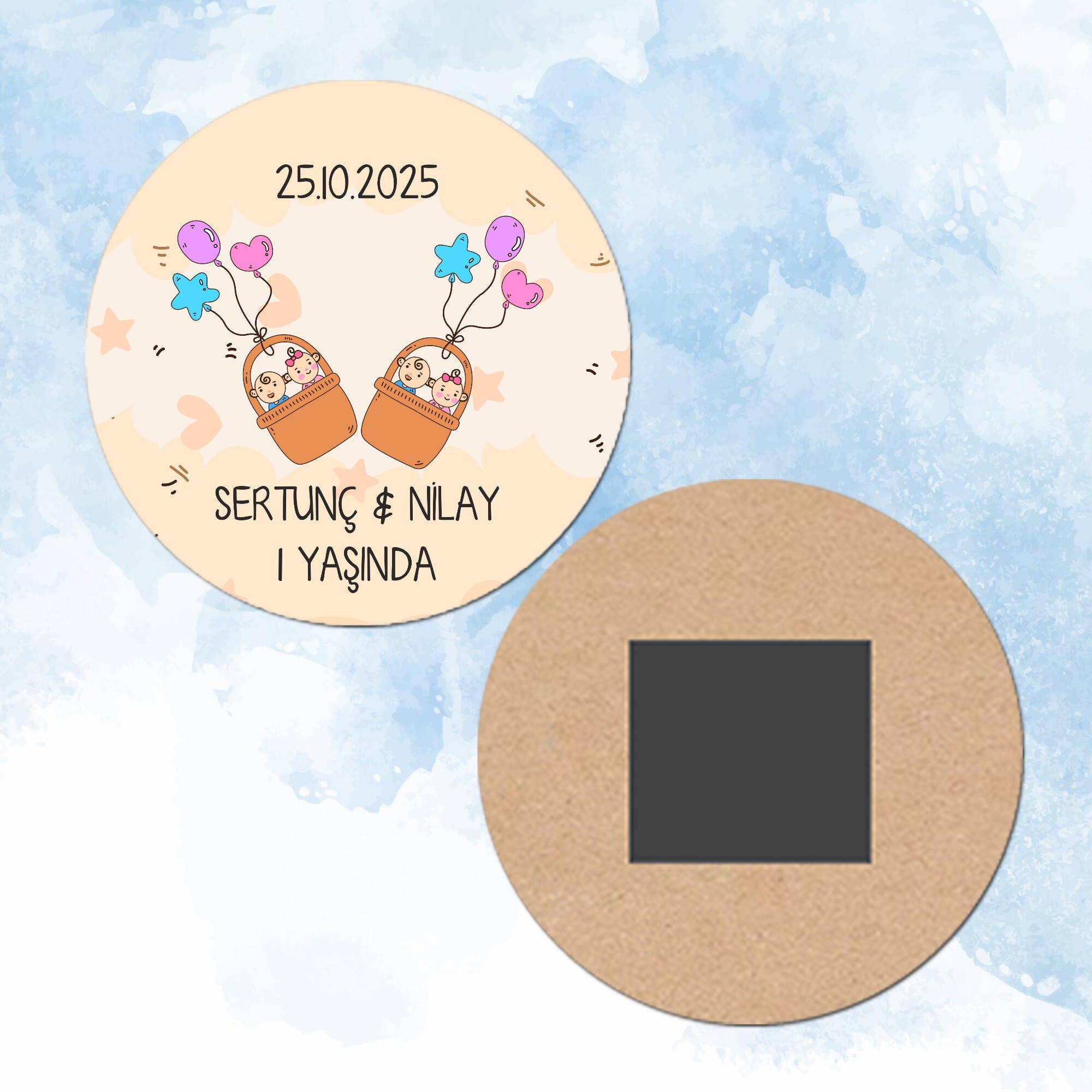 İkiz Bebek Yuvarlak Ahşap Magnet
