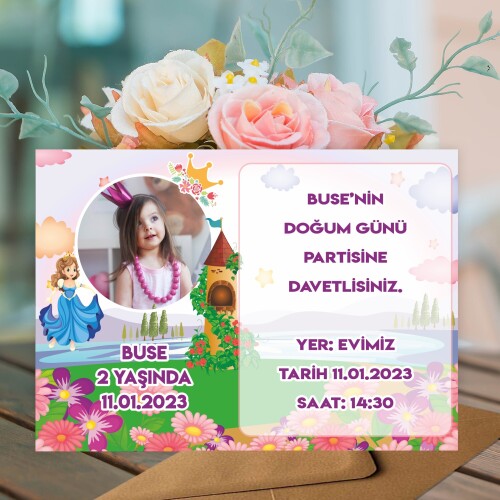 Prenses Tasarım Doğum Günü İçin Zarflı Davetiye