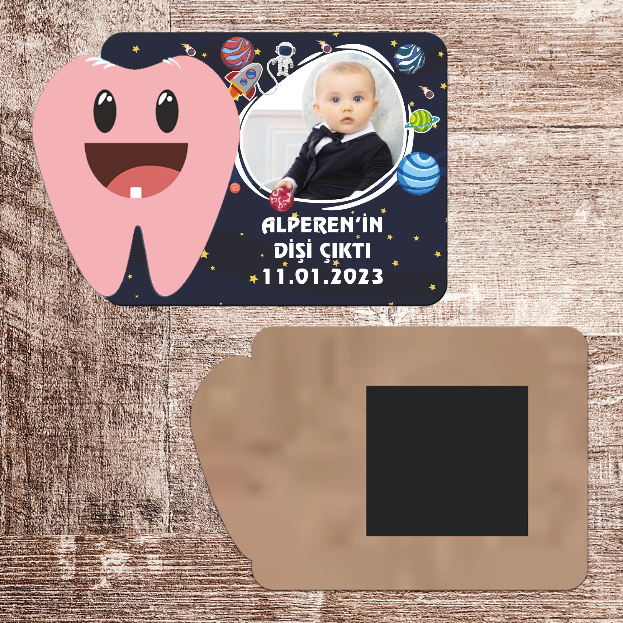 Uzay Temalı İlk Diş Hatırası Pembe Diş Magnet Ahşap