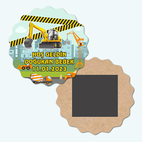 İş Makinaları Tasarımlı Dalgalı Ahşap Bebek Magneti