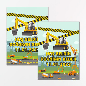 İş Makinaları Tasarımlı Dikdörtgen Bebek Sticker Etiket