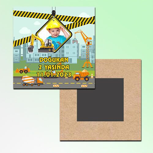 İş Makinaları Tasarımlı Kare Ahşap Magnet