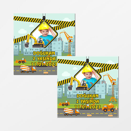 İş Makinaları Tasarımlı Kare Doğum Günü Sticker