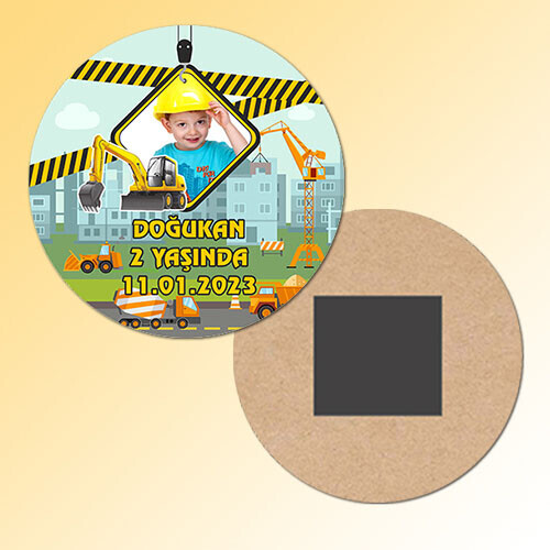 İş Makinaları Tasarımlı Daire Ahşap Magnet