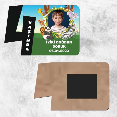 Safari Temalı 4 Yaş Siyah Rakam Ahşap Foto Magnet