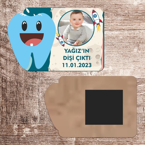 Roket Temalı Ahşap Diş Buğdayı Magneti Mavi Diş