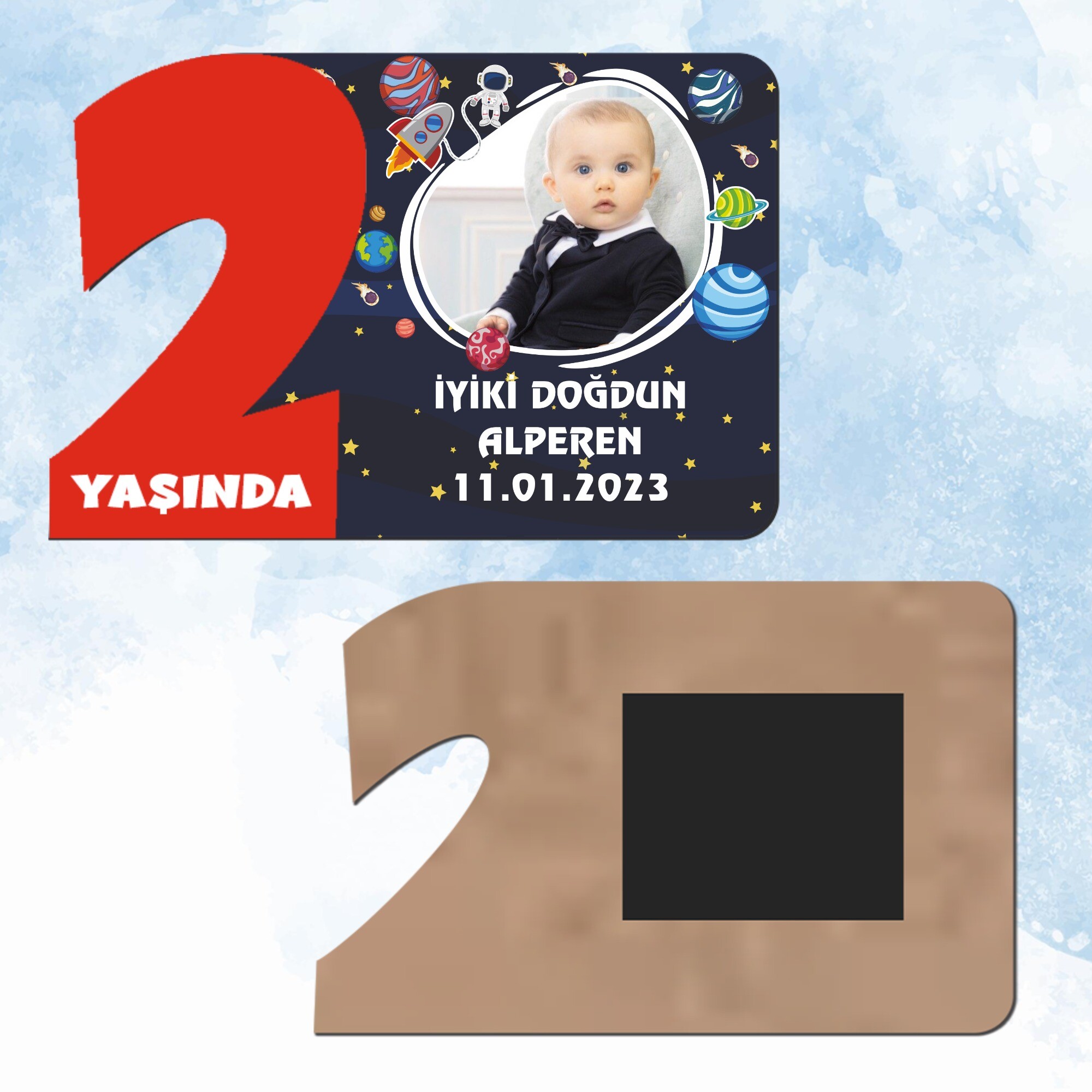 Uzay Temalı Kırmızı 2 Yaşında Ahşap Mıknatıslı