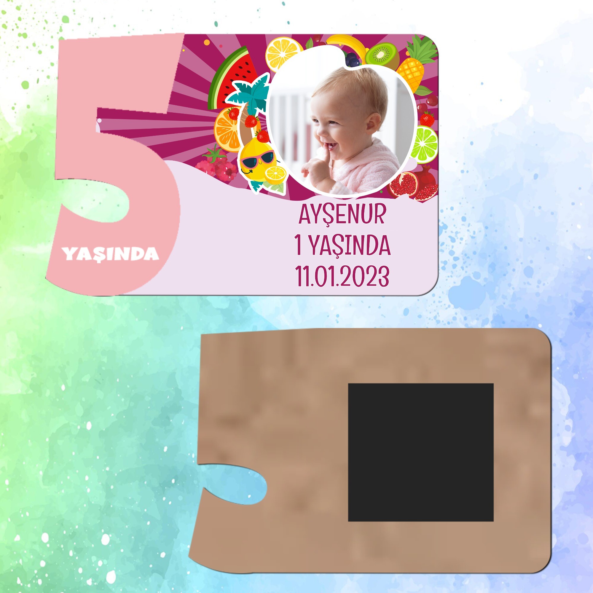 Meyveler Figürlü 5 Yaş İçin Pembe Sayılı  Ahşap Magnet