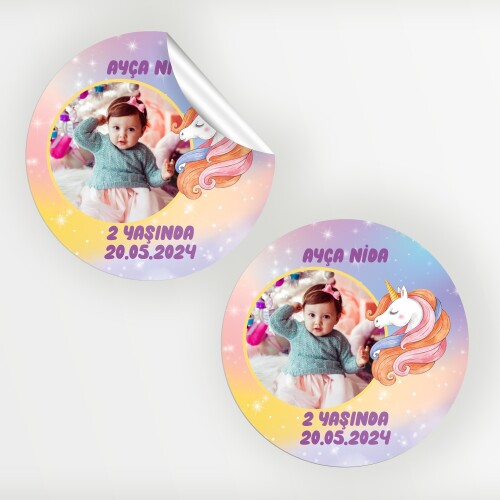 Unicorn Yuvarlak Doğum Günü Etiketi