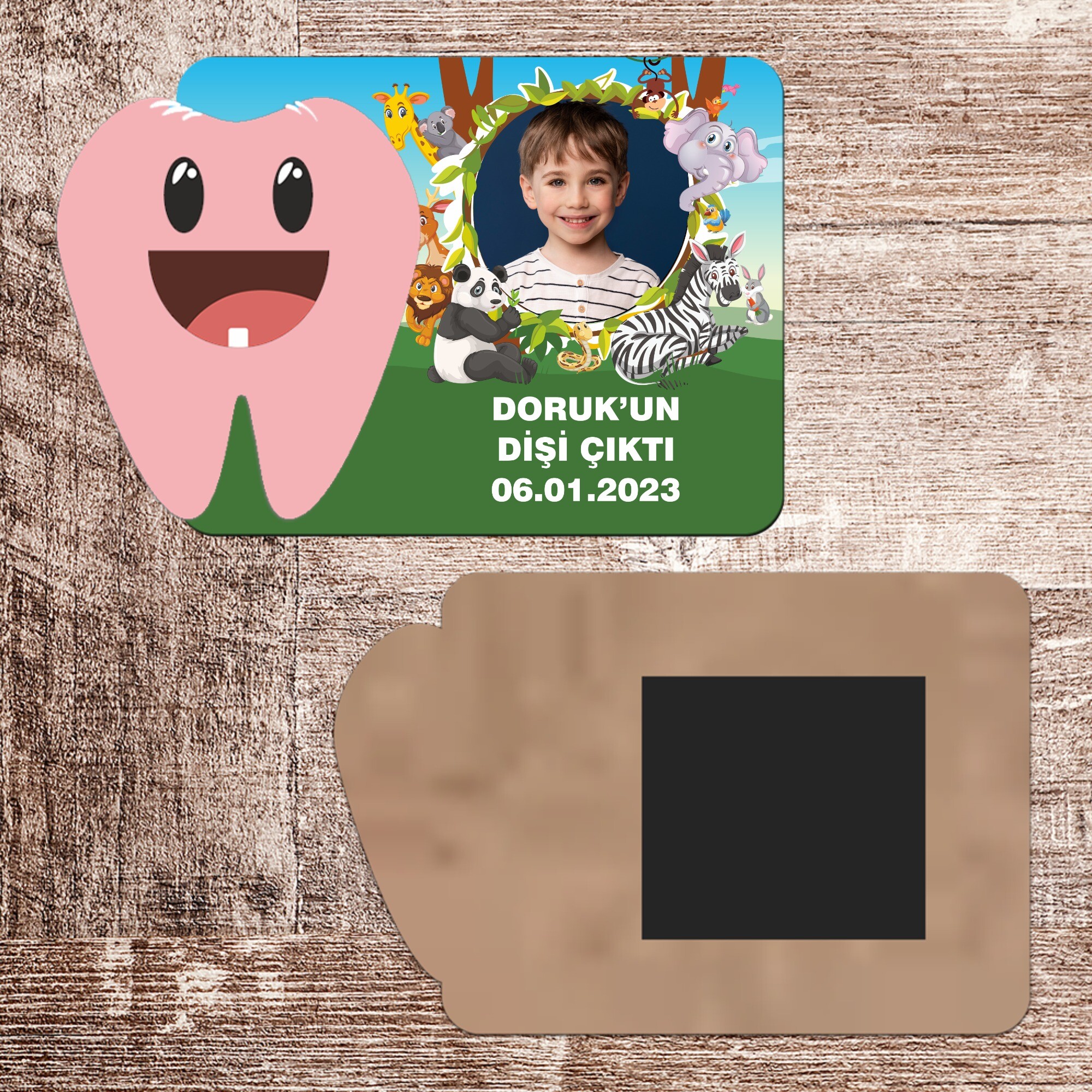 Safari Temalı İlk Diş Hatırası Pembe Diş Magnet Ahşap