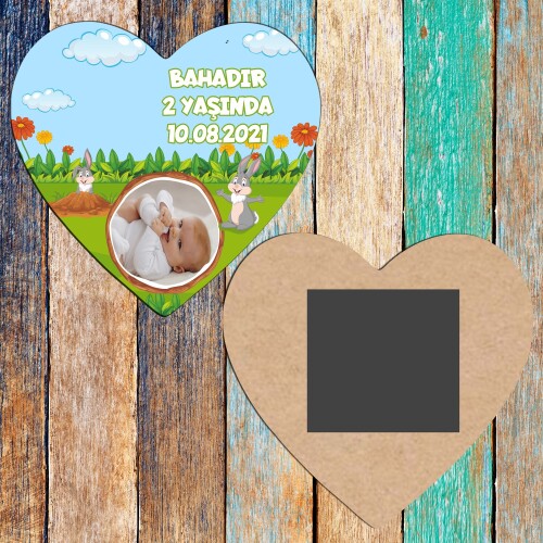 Sevimli Tavşan Kalp Şeklinde Ahşap Magnet