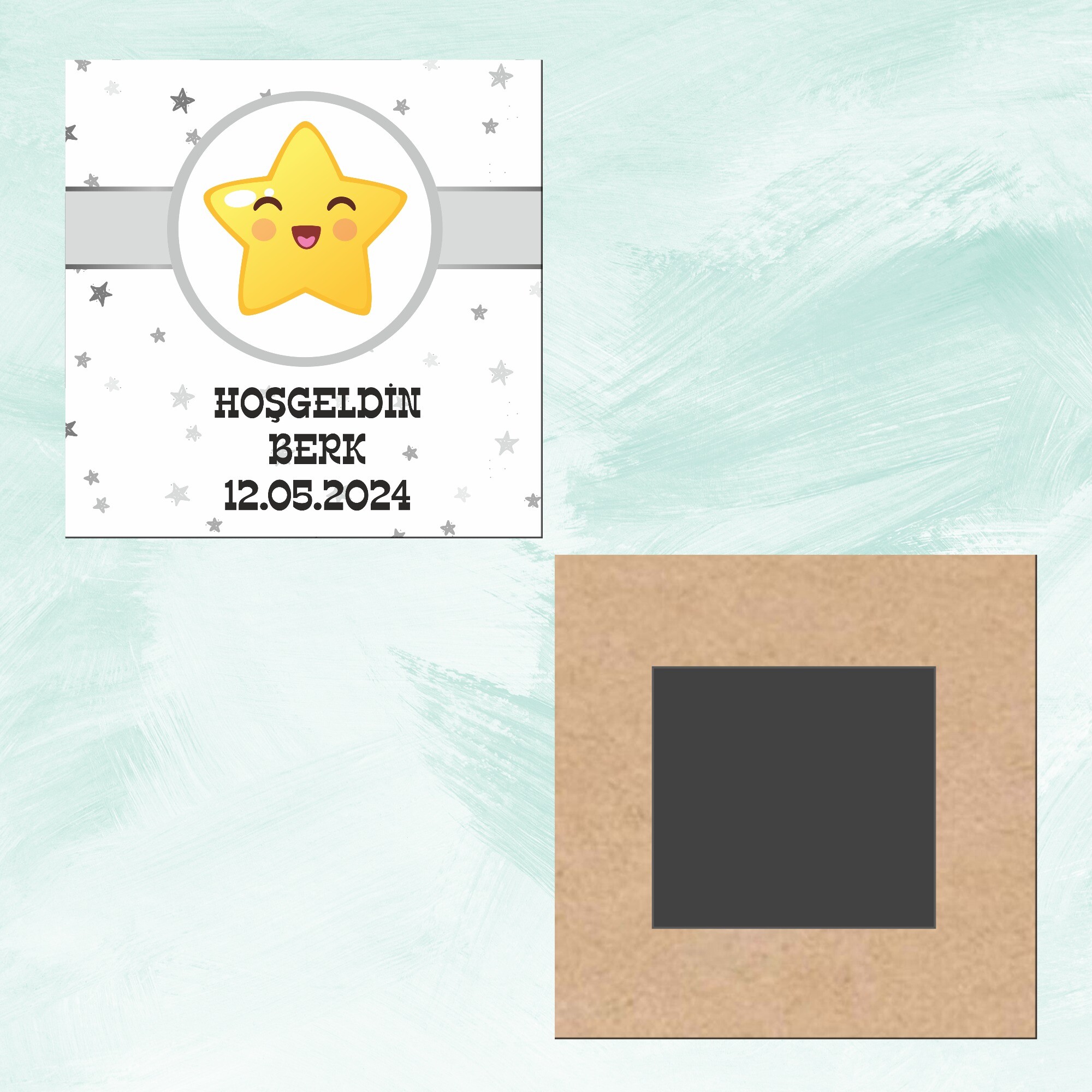 Star Temalı Hoşgeldin Bebek Kare Ahşap Magnet