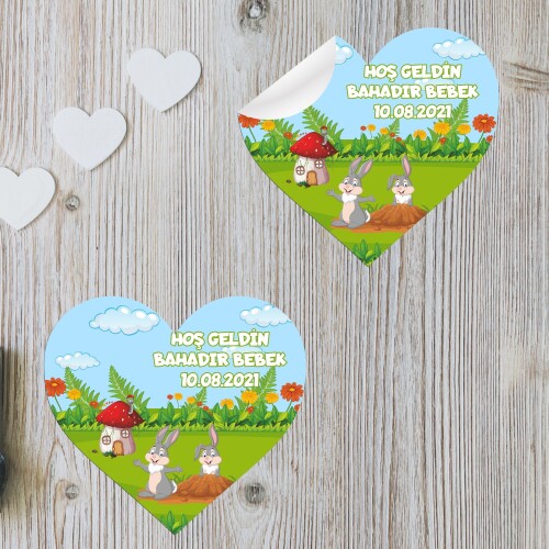 Sevimli Tavşan Kalp Şeklinde Sticker Etiket