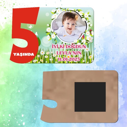 Papatya ve Laleli 5 Yaş İçin Ahşap Magnet Kırmızı Model