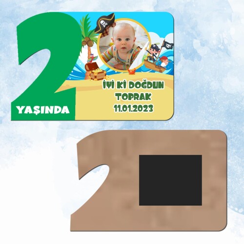Korsan Temalı Yeşil Rakamlı 2 Yaş Hediye Ahşap Magnet