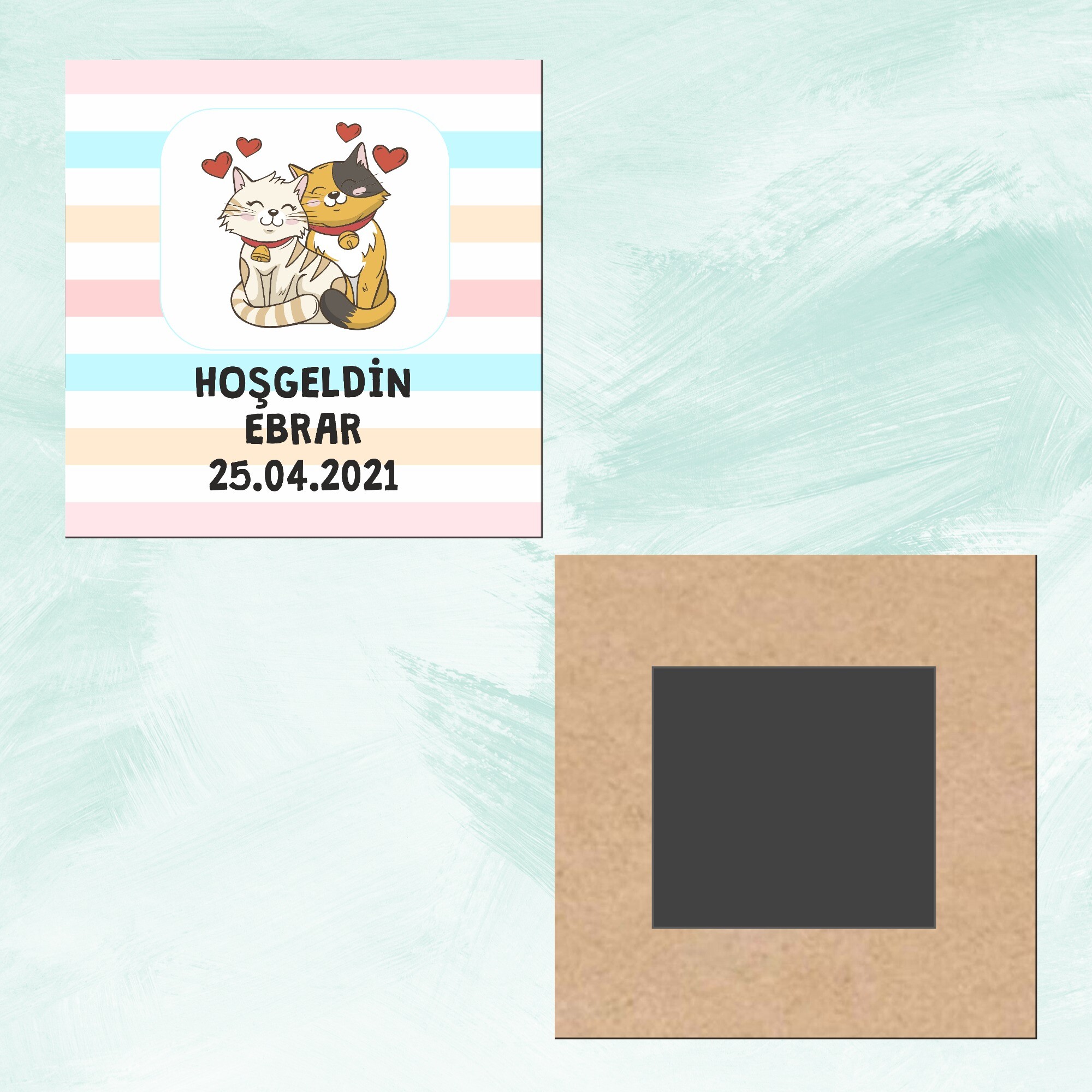 Sevimli Kediler Hoşgeldin Bebek Kare Ahşap Magnet