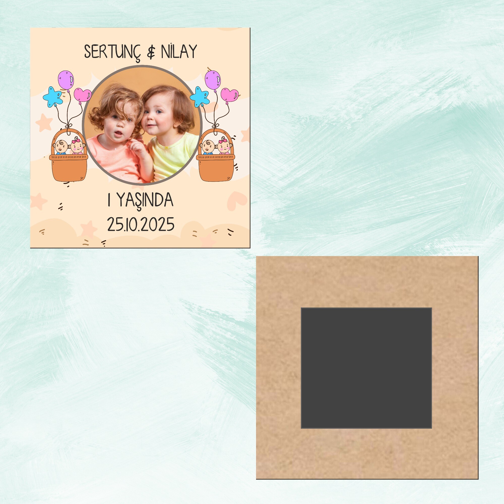 İkiz Bebek Kare Ahşap Magnet