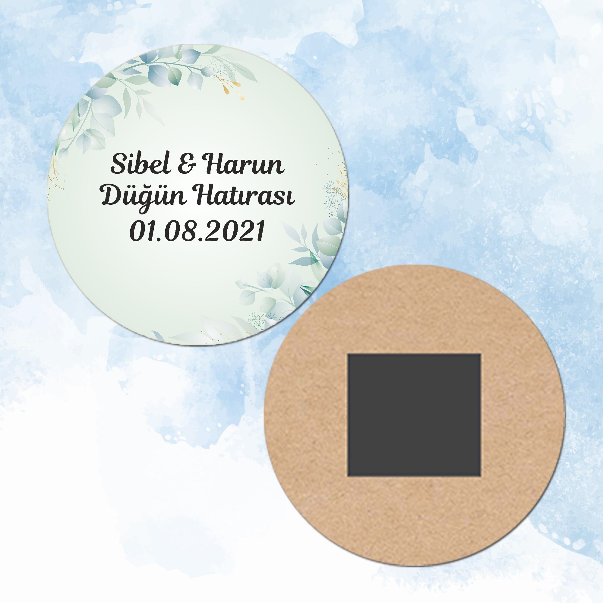 Su Yeşili Yapraklı Düğün Kına Ahşap Daire Magnet