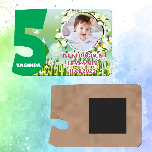 Papatya ve Laleli Yeşil Rakamlı Ahşap 5 Yaşında Magnet