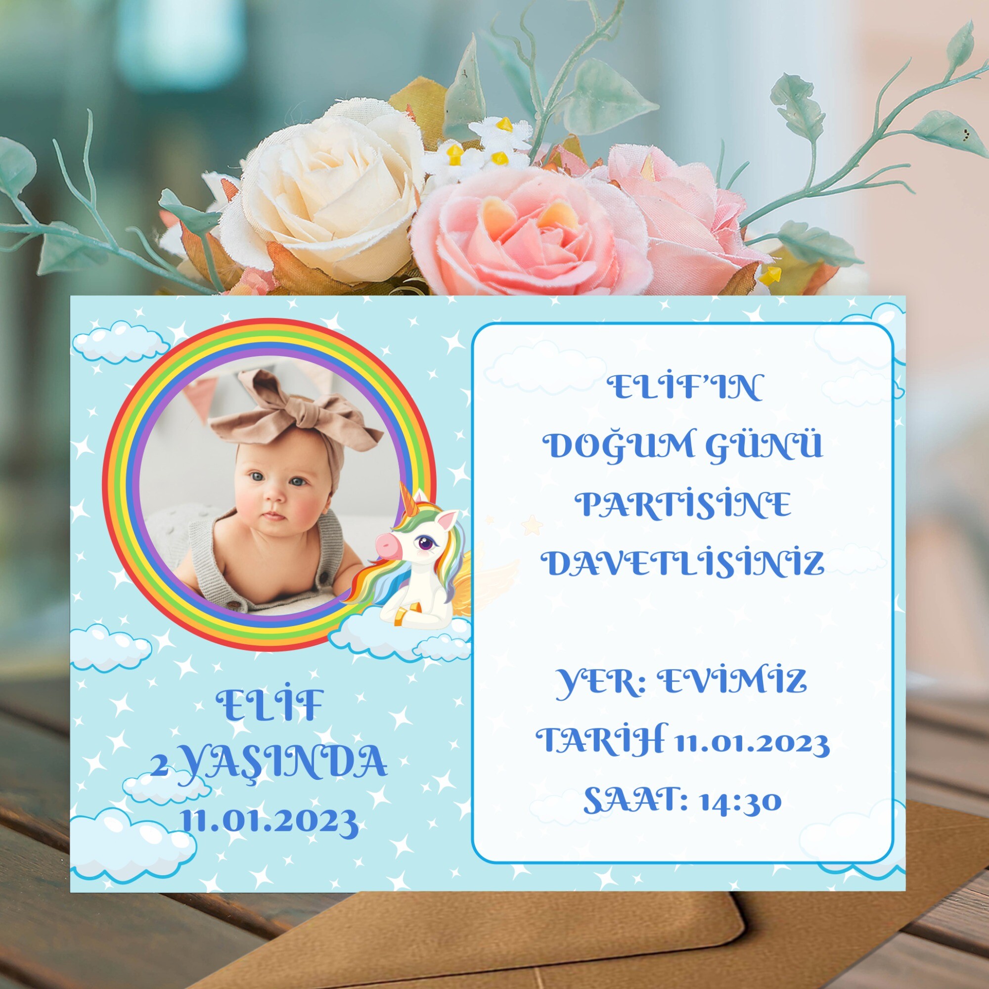 Unicornlu Doğum Günü İçin Zarflı Davetiye