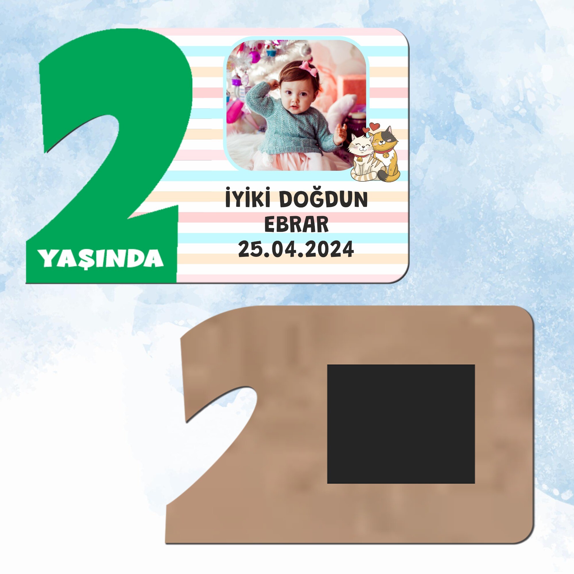 Sevimli Kediler Yeşil Rakamlı 2 Yaş Hediye Ahşap Magnet