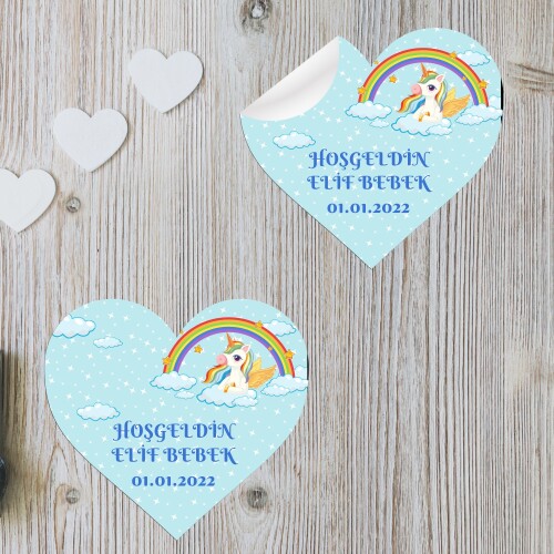 Unicornlu Kalp Şeklinde Sticker Etiket