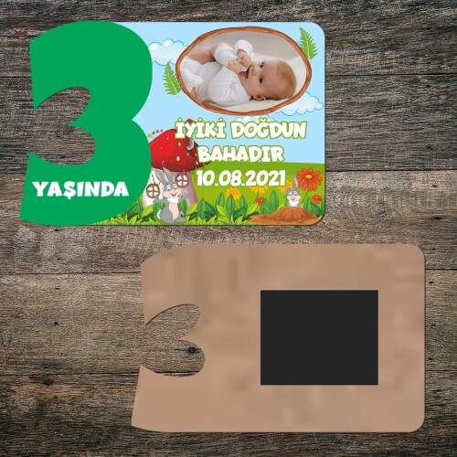 Sevimli Tavşan 3 Yaş İçin Yeşil Rakam Ahşap Doğum Günü Magneti