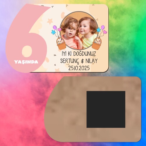 İkiz Bebek 6 Yaş Kız Çocuk Ahşap Pembe Rakam Magnet