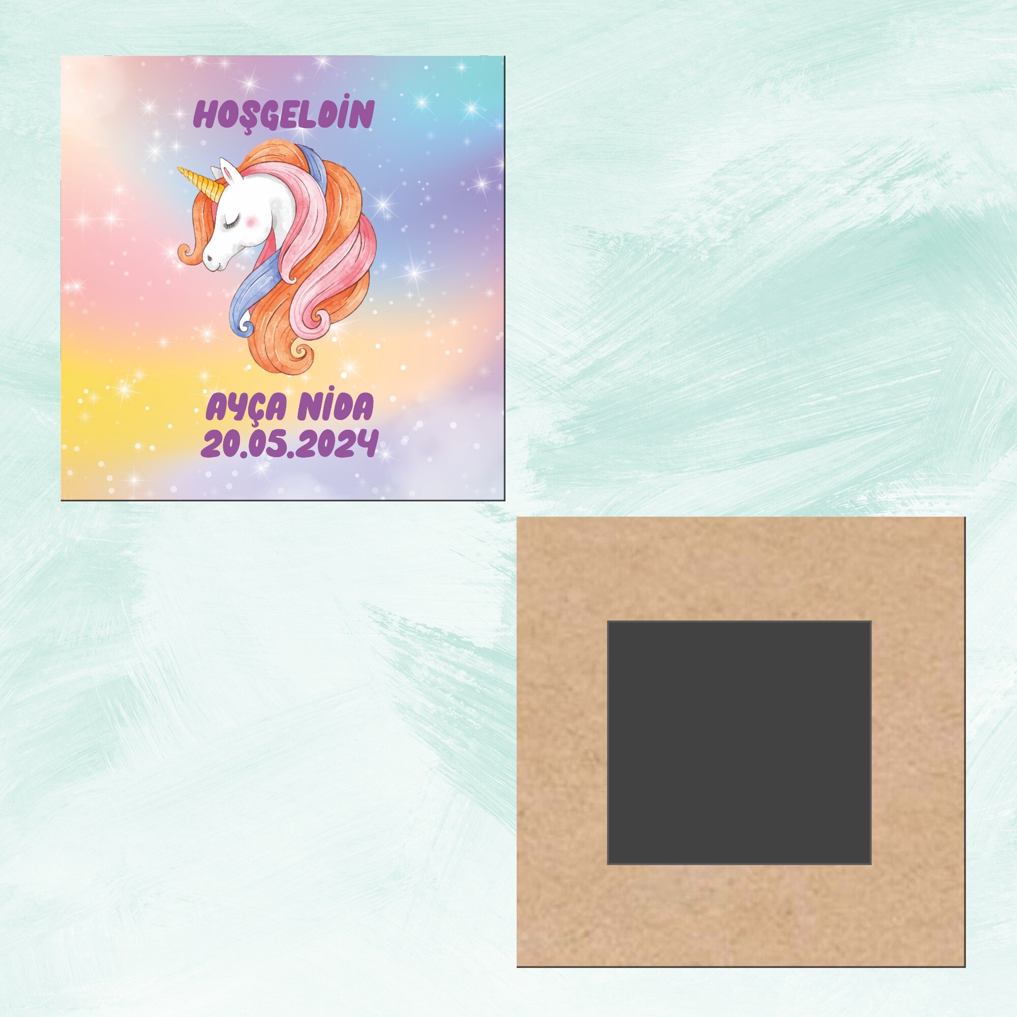 Unicorn Hoşgeldin Bebek Kare Ahşap Magnet