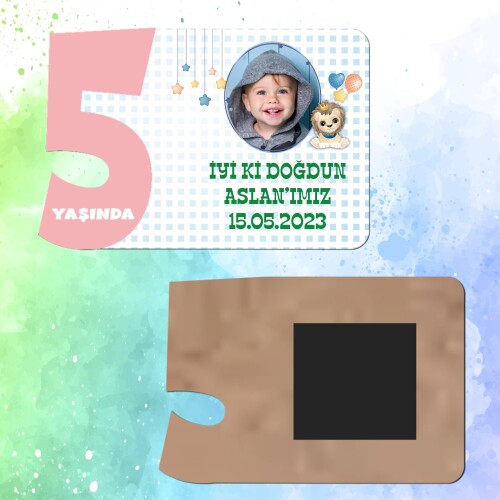 Sevimli Aslan 5 Yaş İçin Pembe Sayılı  Ahşap Magnet