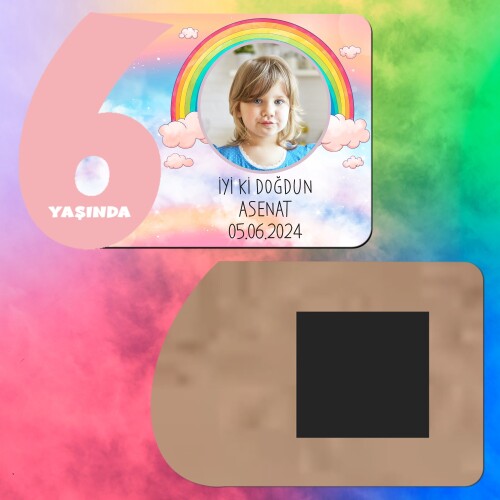 Gökkuşağı Temalı 6 Yaş Kız Çocuk Ahşap Pembe Rakam Magnet