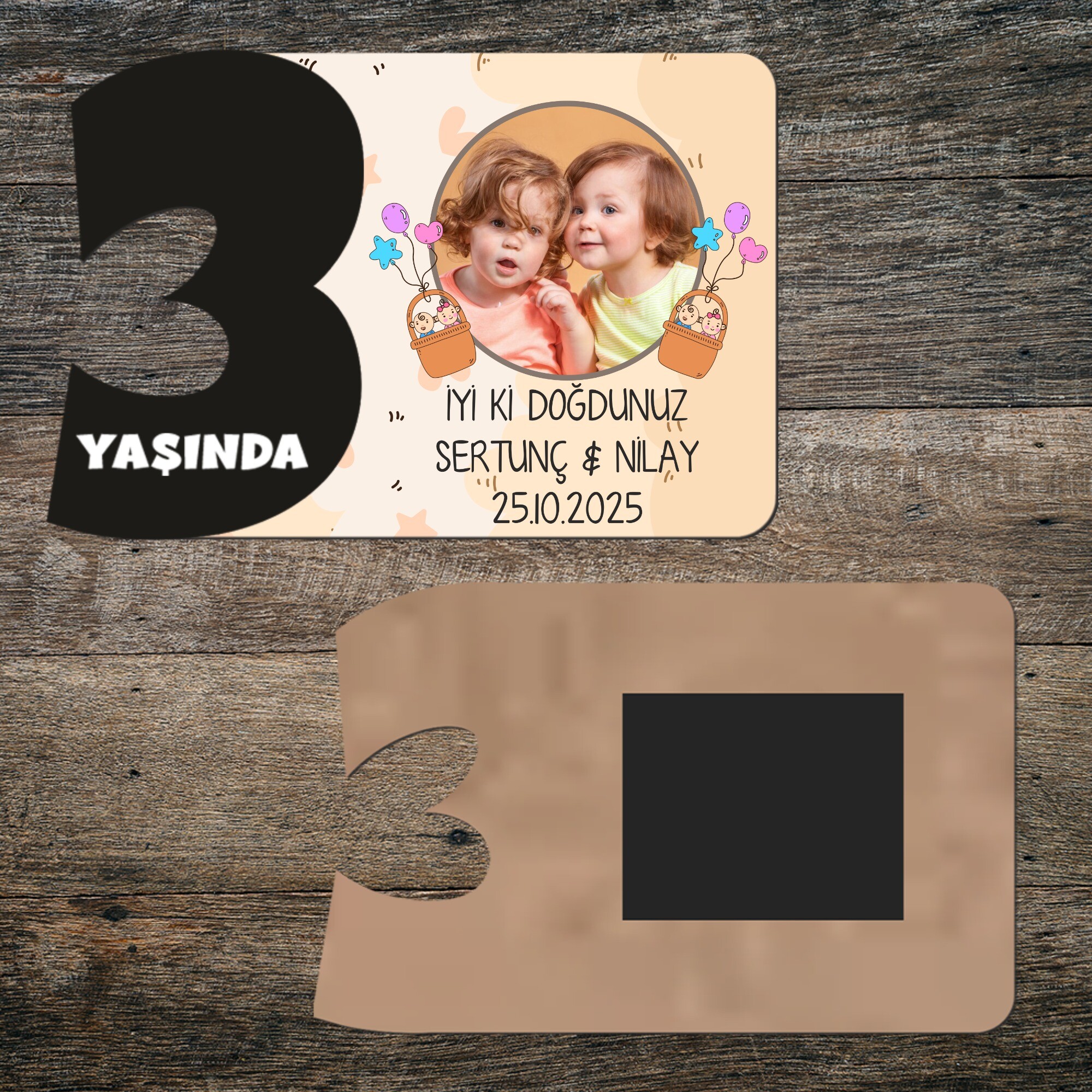 İkiz Bebek 3 Rakamlı Hatıra Magnet Siyah