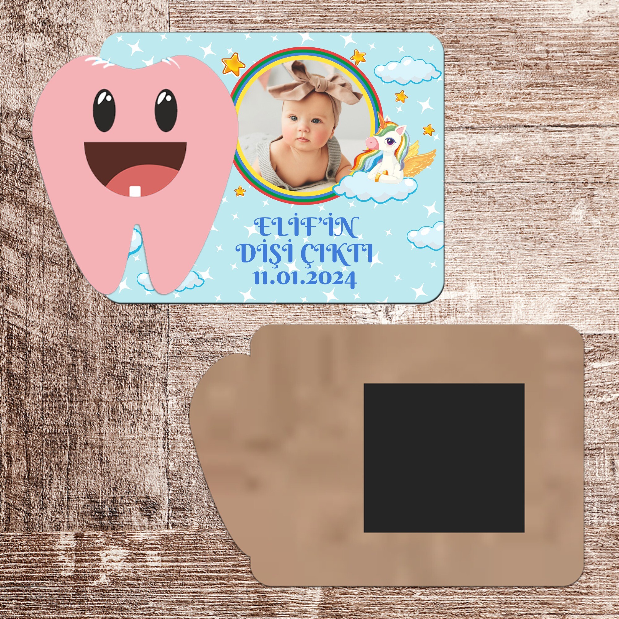 Unicornlu İlk Diş Hatırası Pembe Diş Magnet Ahşap