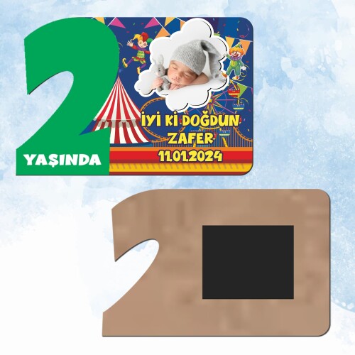 Palyaço Temalı Yeşil Rakamlı 2 Yaş Hediye Ahşap Magnet