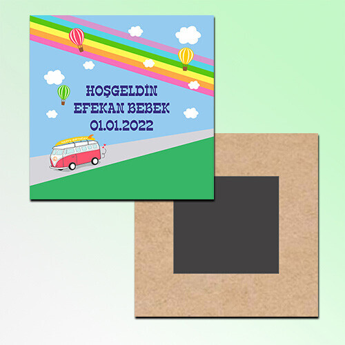 Otobüslü Hoşgeldin Bebek Kare Ahşap Magnet