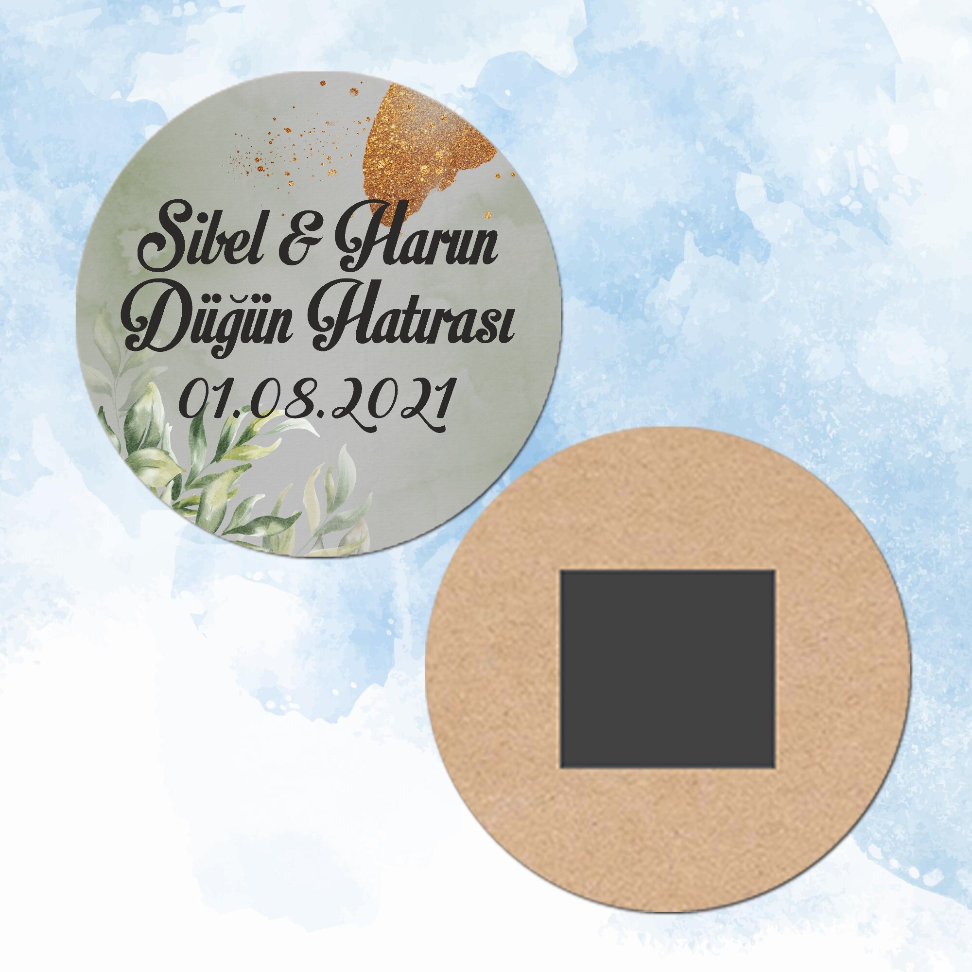 Mutluluk Temalı Düğün Kına Ahşap Daire Magnet
