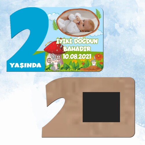 Sevimli Tavşan 2 Yaş Mavi Rakam Ahşap Magnet