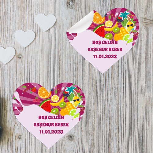 Meyveler Figürlü Kalp Şeklinde Sticker Etiket