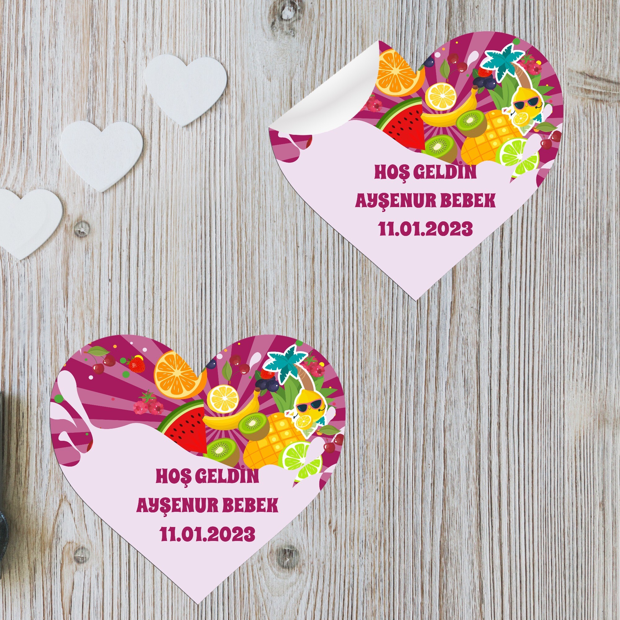 Meyveler Figürlü Kalp Şeklinde Sticker Etiket