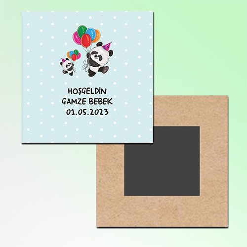 Panda Temalı Hoşgeldin Bebek Kare Ahşap Magnet