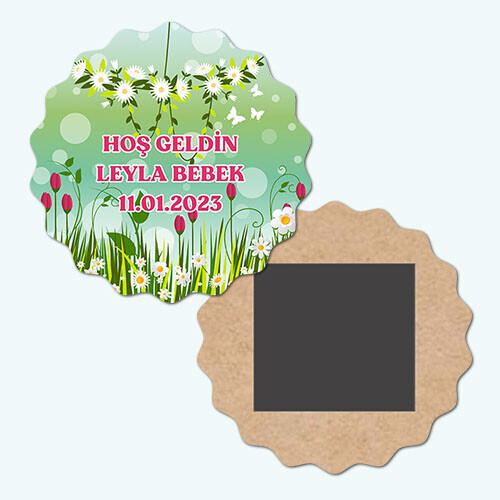 Papatya ve Laleli Dalgalı Ahşap Bebek Magneti