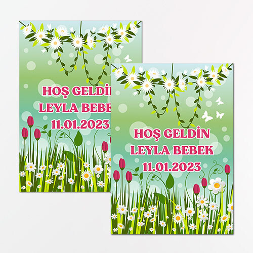 Papatya ve Laleli Dikdörtgen Bebek Sticker Etiket