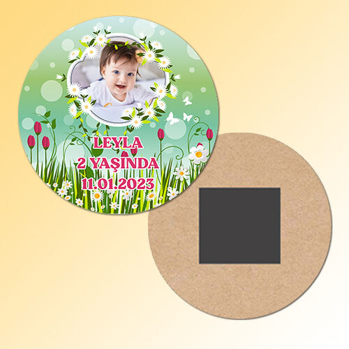 Papatya ve Laleli Daire Ahşap Magnet