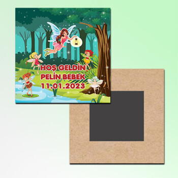 Peri Kızlar Hoşgeldin Bebek Kare Ahşap Magnet