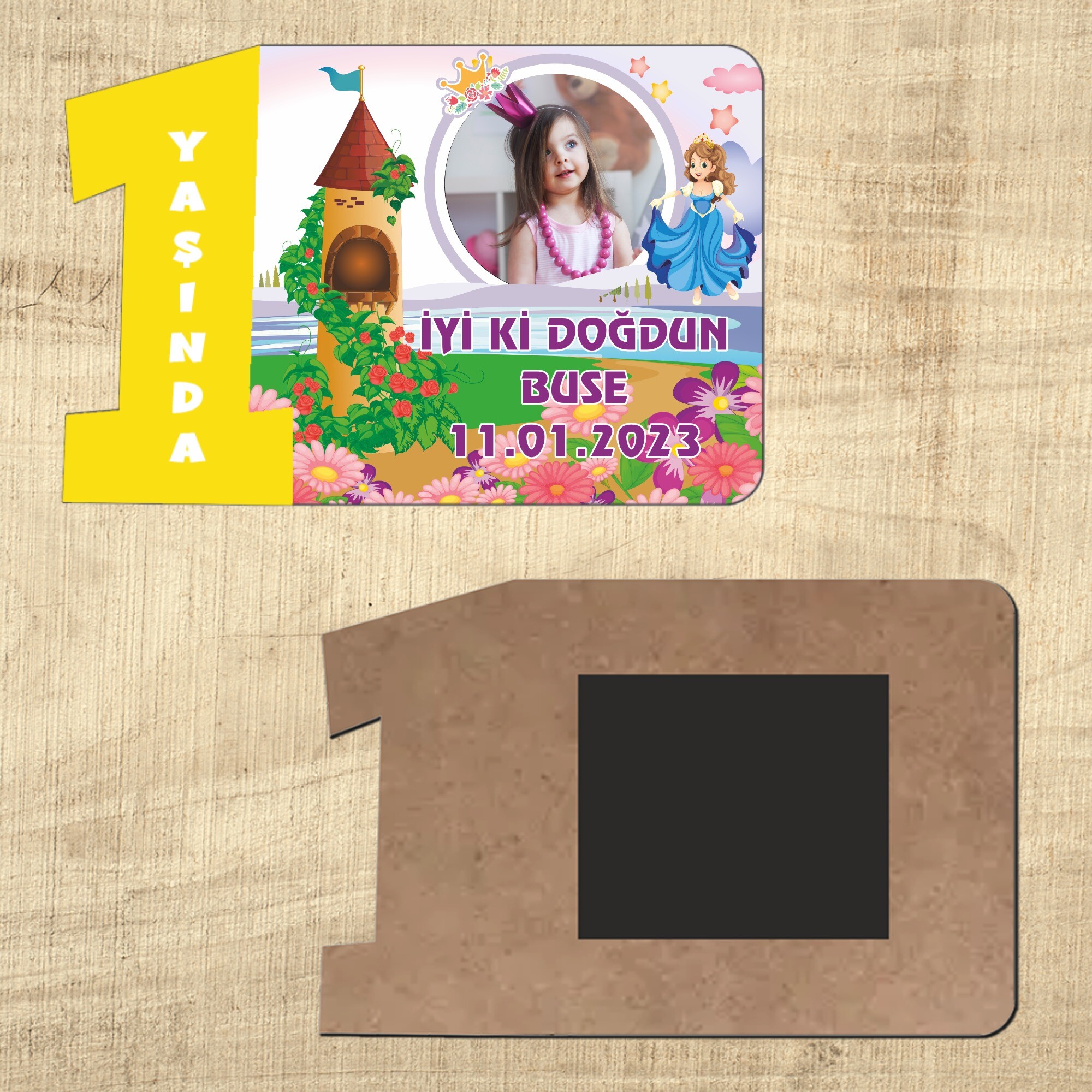 Prenses Tasarım Sarı Rakamlı 1 Yaşında Magnet Ahşap