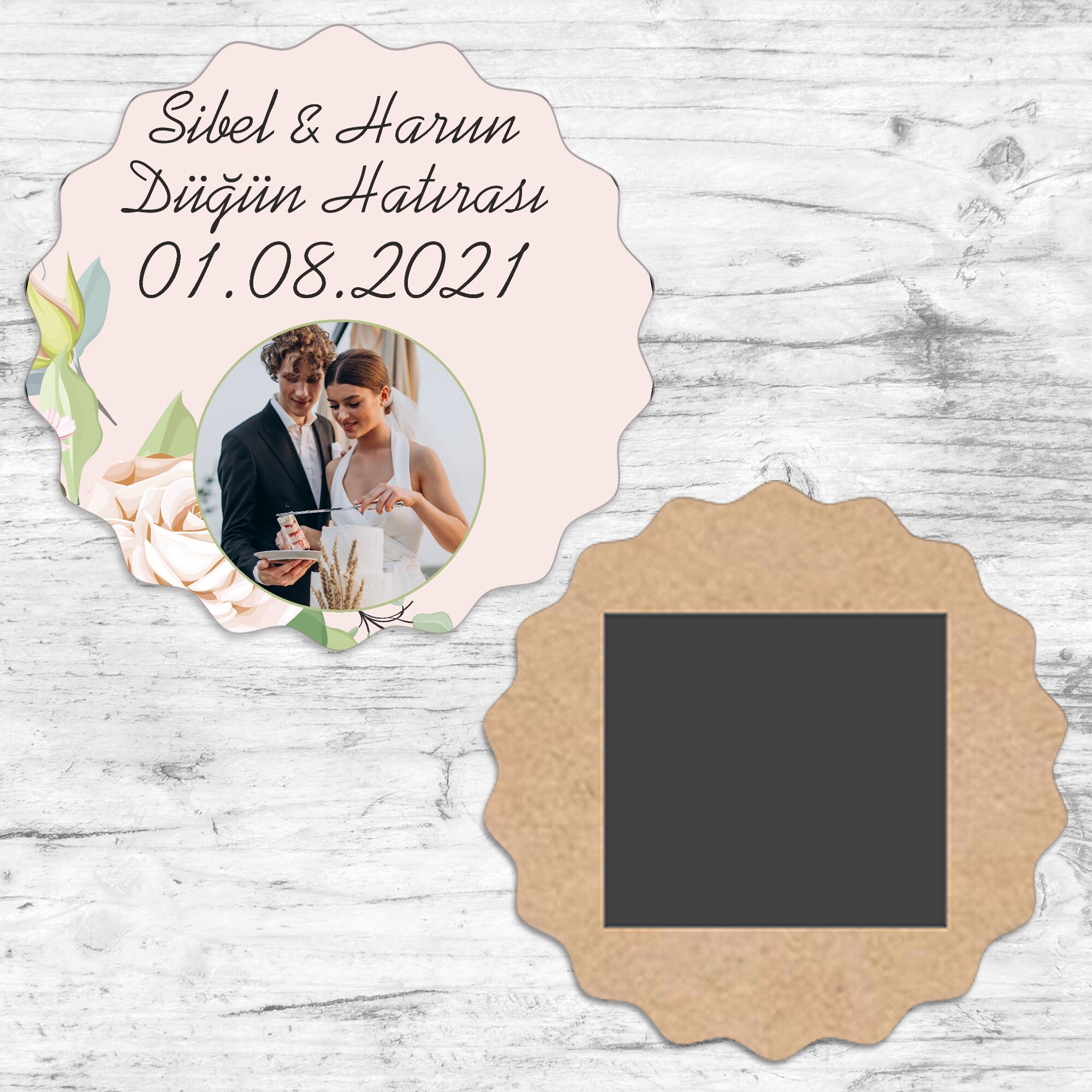 Pembe Güllü Dalgalı Ahşap Kına Düğün Magnet