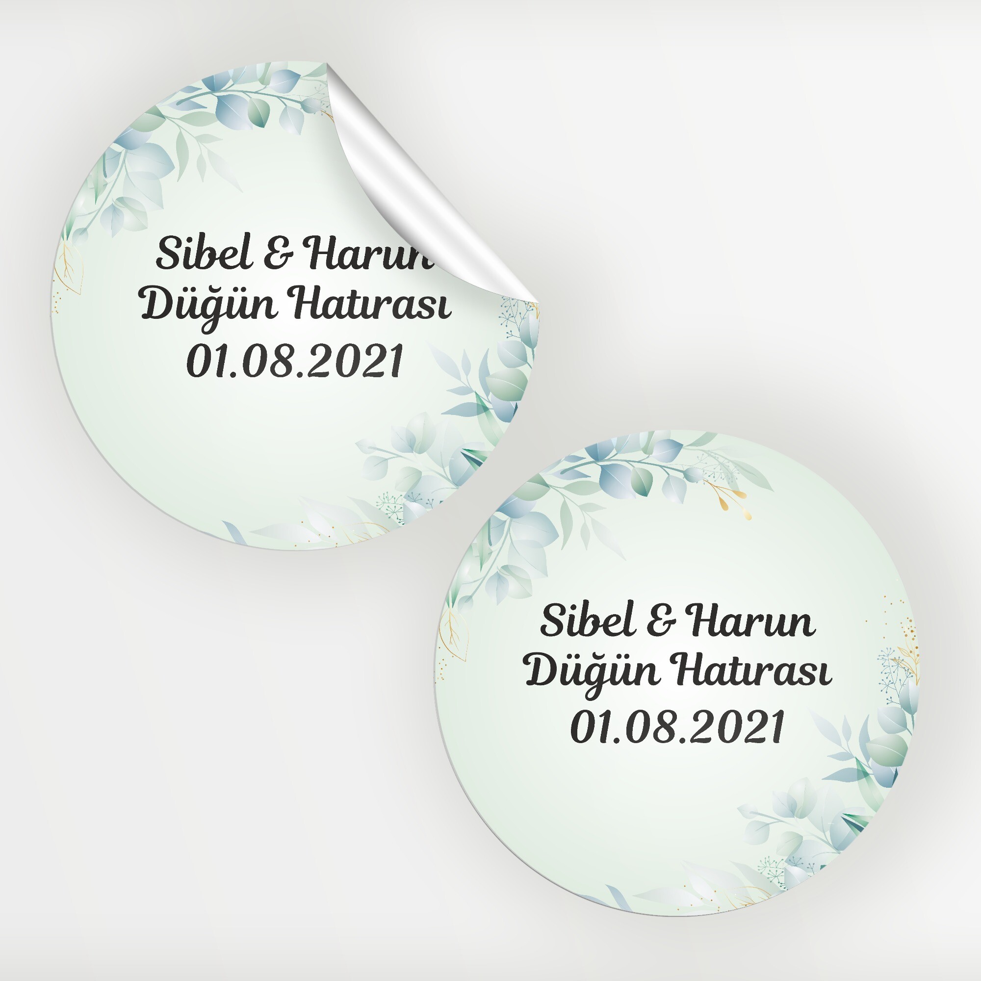Su Yeşili Yapraklı Yuvarlak Kına Düğün Etiketi
