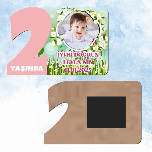 Papatya ve Laleli 2 Yaş Pembe Rakam Ahşap Magnet