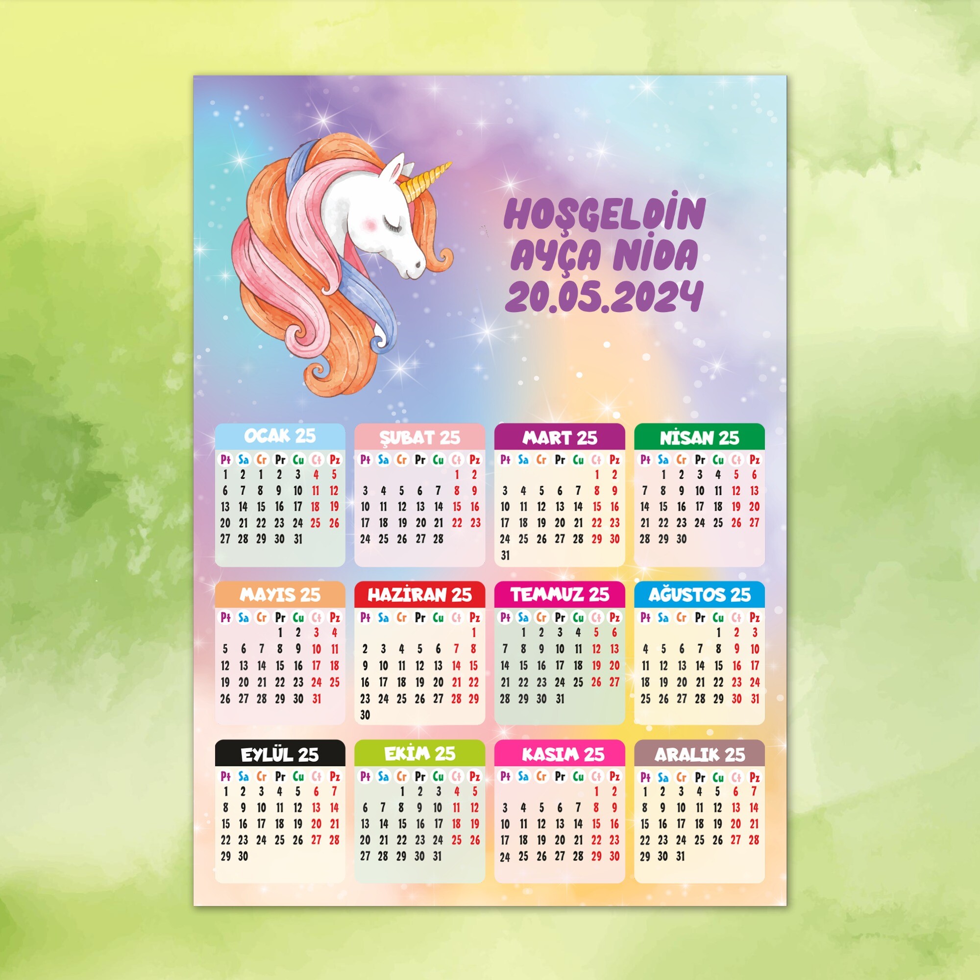 Unicorn 12 Ay Gösteren 2025 Yılı Magnet Takvim