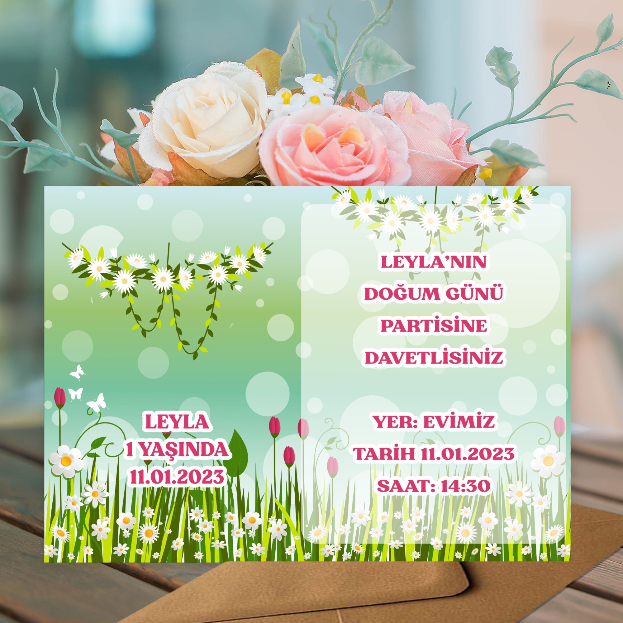 Papatya ve Laleli Parti Davetiyesi Zarf Dahil